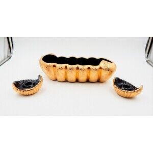 Weeping Gold Console Bowl Planter Candle Holders w/Black MCM Ceramic Pair